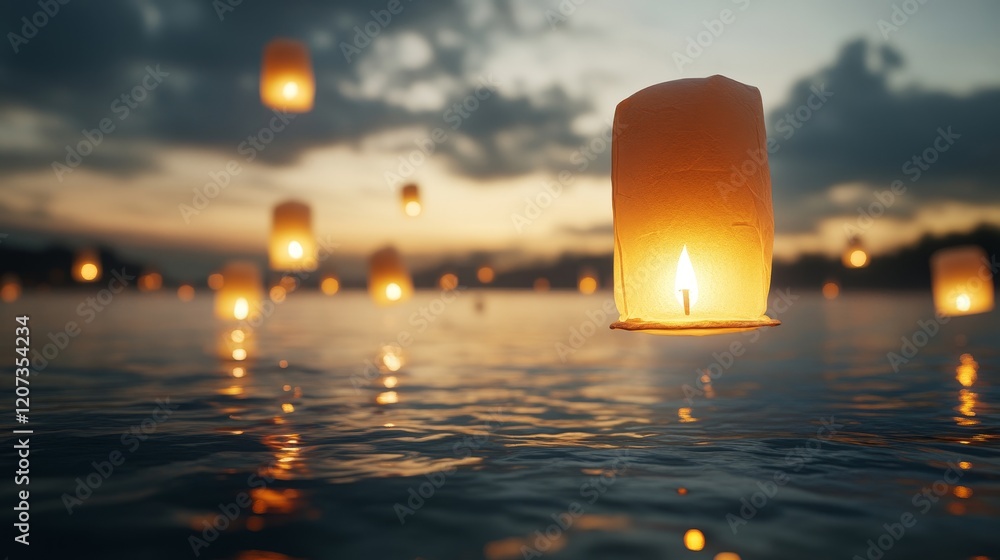 Poster ethereal lanterns floating on calm waters at dusk, illuminating the sky with a warm glow, creating a