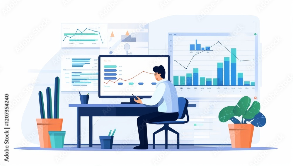 Poster businessman analyzing data charts and graphs on computer screen