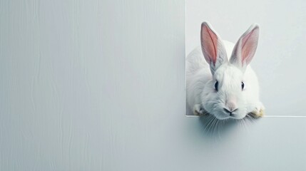 Obraz premium White rabbit peeking out from behind a white wall with copy space. Easter concept.