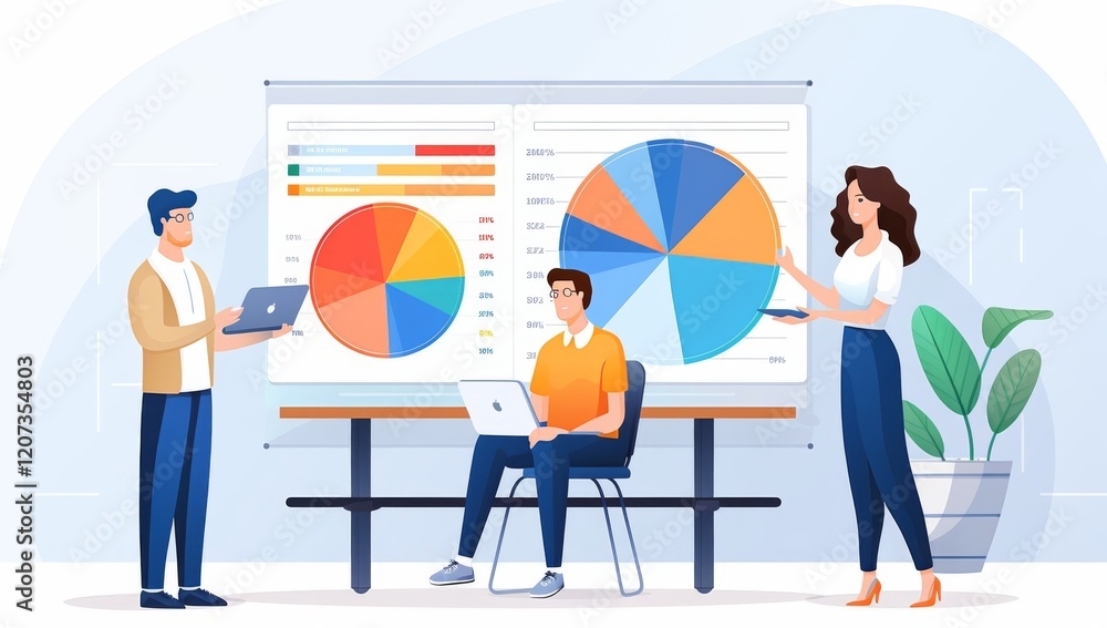 Poster business team analyzing data with charts and graphs during a presentation