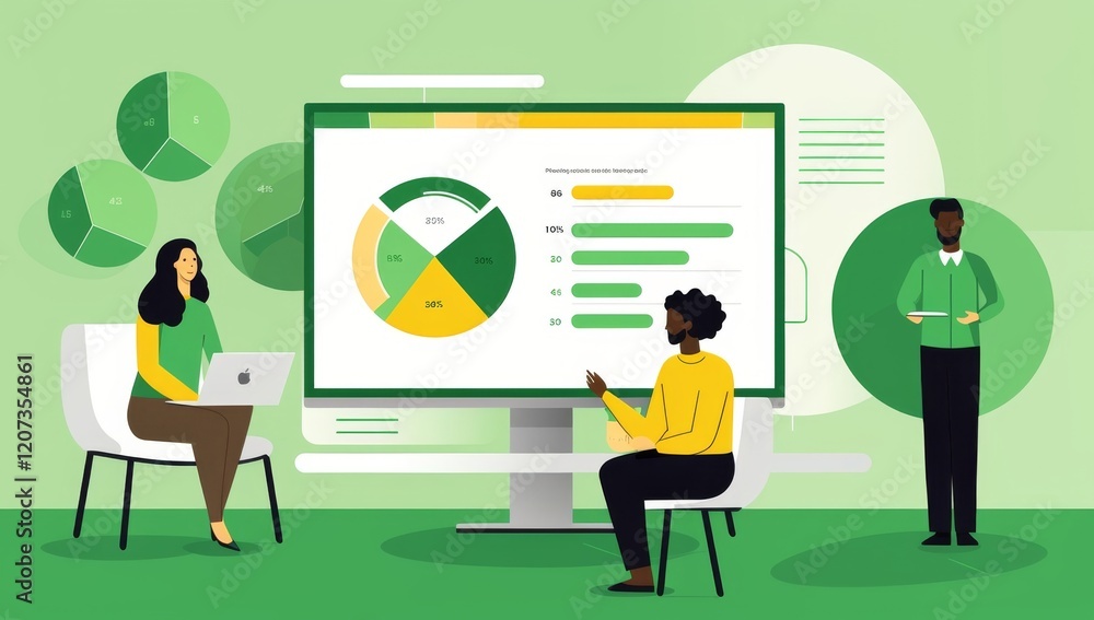 Poster business team analyzing data on a large screen display