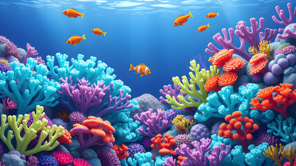 3d illustration of the underwater world with turquoise coral reef, blue seaweeds, algae, purple sponges, orange red fishes. Cartoon marine landscape tropical colorful plants. Generative AI