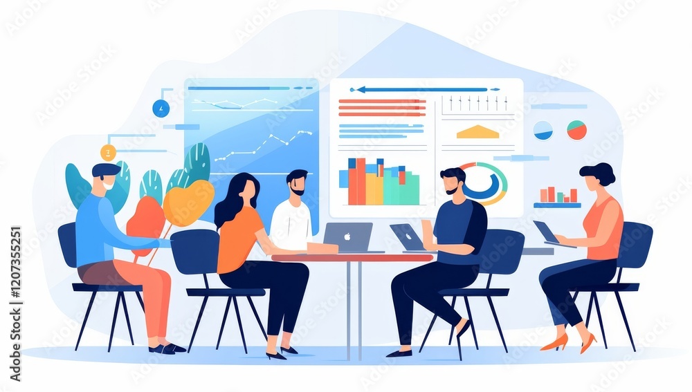 Poster business team analyzing data charts and graphs in meeting