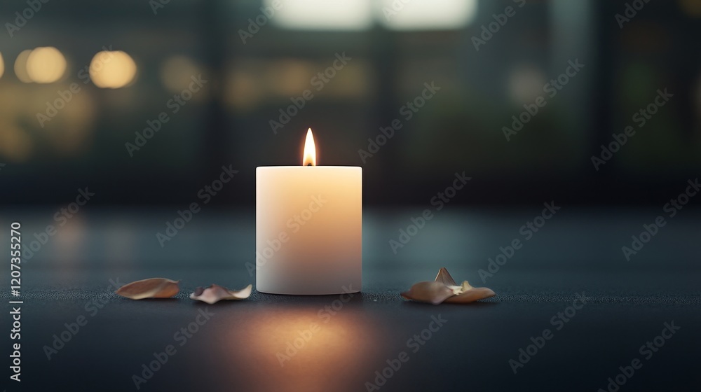 Aufkleber elegant white candle with a flickering flame surrounded by soft petals, creating a serene and calmin