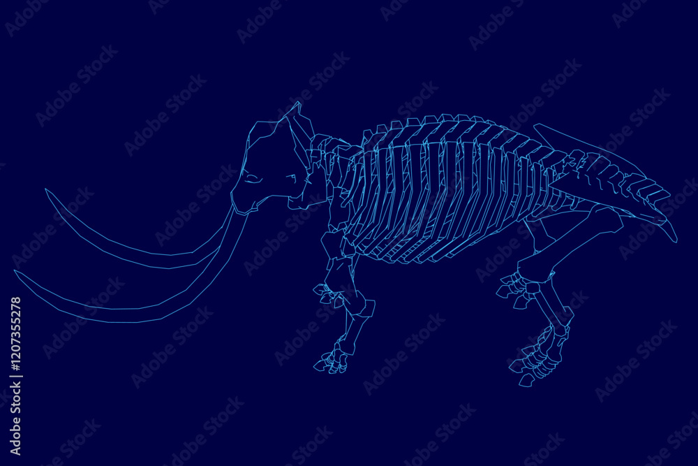 Poster blue image of a skeleton elephant with a long tusk. the skeleton is shown in a blue color scheme