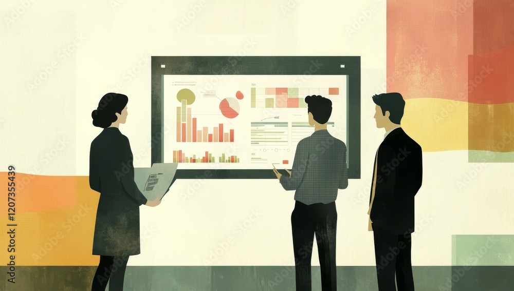 Poster business team analyzing data on a large screen display