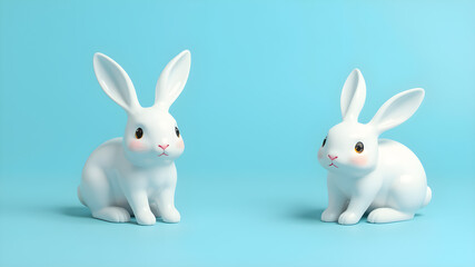 Fototapeta premium 3d illustration of two cute white ceramic rabbit decorations. Animal characters isolated on blue background. Generative AI