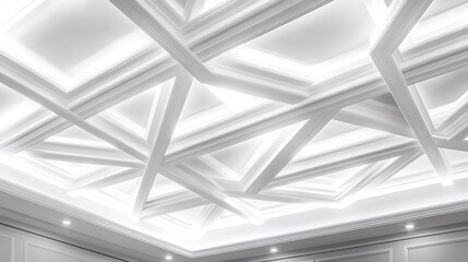 Ceiling featuring decorative beams in a crisscross pattern with white accents and soft lighting, isolated background
