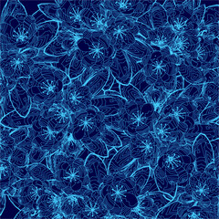 Blue floral pattern with many flowers and leaves. The flowers are small and the leaves are large. The pattern is very intricate and detailed