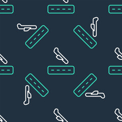 Line Plane landing icon isolated seamless pattern on black background. Airplane transport symbol. Vector