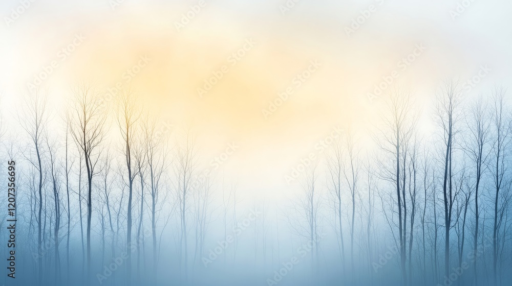 Poster serene landscape with bare trees against a softly illuminated sky at dawn creating a tranquil atmosp
