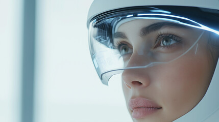 Woman Using Futuristic AI Tools in a Modern Office Setting