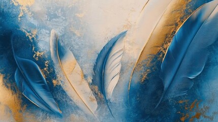 Blue, gold feathers float; abstract art; calming background; wall art