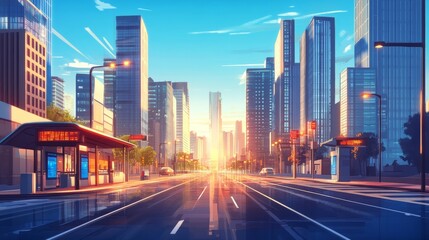 Fototapeta premium Straight road to modern city with high buildings, street lights and bus stops. Cartoon vector illustration of asphalt highway lead to metropolis with skyscrapers, sun on blue sky during summer day.