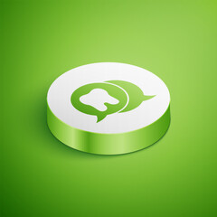 Isometric Tooth icon isolated on green background. Tooth symbol for dentistry clinic or dentist medical center and toothpaste package. White circle button. Vector
