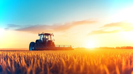 Farmer utilizes digital currency for automated equipment in sunset agricultural landscape