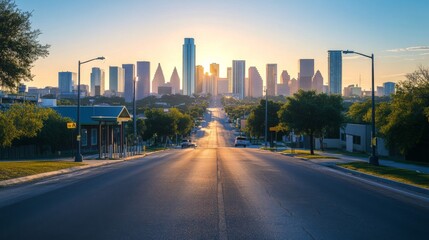 Fototapeta premium Straight road to modern city with high buildings, street lights and bus stops. Cartoon vector illustration of asphalt highway lead to metropolis with skyscrapers, sun on blue sky during summer day.