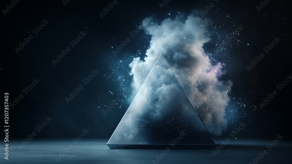 Poster abstract representation of a transparent prism surrounded by colorful fog and cosmic dust, showcasin