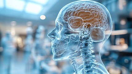 A detailed anatomical depiction of a human skull and brain showcasing the intricate structures and connections within a modern clinical setting.