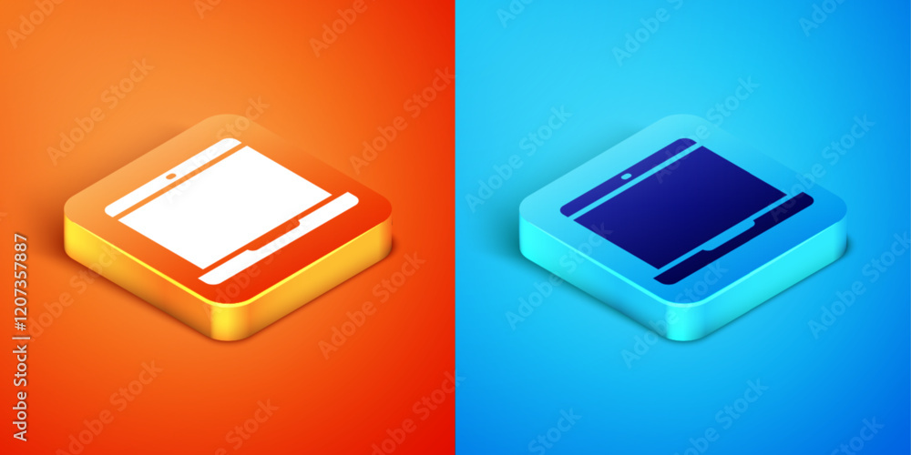 Poster isometric laptop icon isolated on orange and blue background. computer notebook with empty screen si