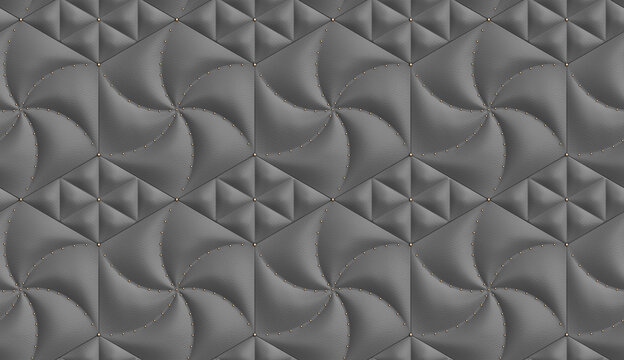 Gray 3D Wallpaper with Upholstered Hexagonal Leather Panels