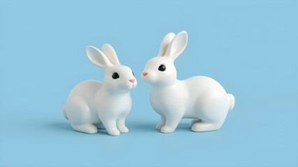 3d illustration of two cute white ceramic rabbit decorations. Animal characters isolated on blue background. Generative AI