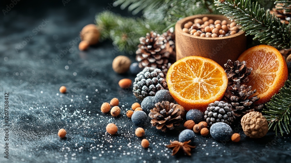 Poster spices and oranges on a rustic surface