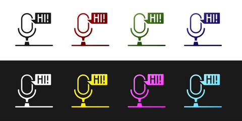 Set Microphone voice device icon isolated on black and white background. Microphone interpreter and alphabet letters. Vector