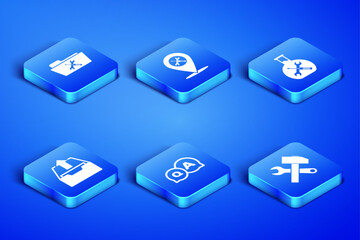 Set Crossed hammer and wrench, Folder service, Question Answer, Upload inbox, Location and Bioengineering icon. Vector
