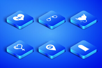 Set Condom safe sex, 18 plus content heart, Location with, Female gender and, Handcuffs and Devil horns icon. Vector