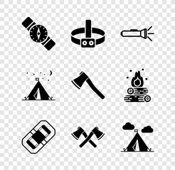 Set Compass, Head flashlight, Flashlight, Rafting boat, Crossed wooden axe, Tourist tent with flag, and Wooden icon. Vector