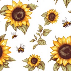 Sunflowers Bees Floral Botanical Illustration Pattern