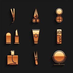Set Lotion cosmetic tube, Eyebrow tweezers, Round makeup mirror, Shaving gel foam, Perfume, Lipstick, Makeup powder with and Curling iron icon. Vector
