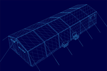Tent is shown in a blue background. The tent is a large structure with a roof and poles. The tent is open and has a blue color © German Ovchinnikov
