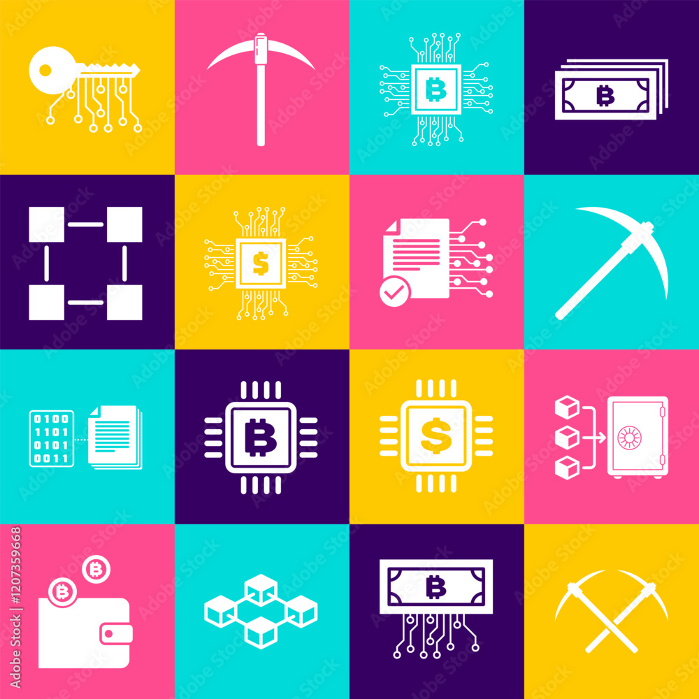 Poster set crossed pickaxe, proof of stake, pickaxe, cpu mining farm, processor chip with dollar and blockc