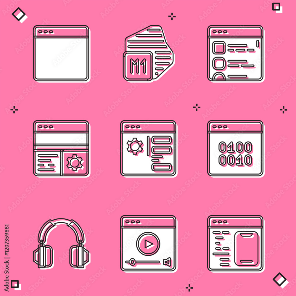 Poster set browser window, processor, files, debugging, setting, binary code, headphones and online play vi