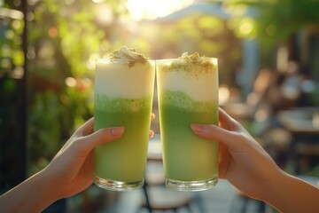 Two refreshing matcha smoothies topped with whipped cream and matcha powder, held up in a toast.