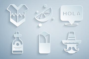 Set Burrito, Hola, Tequila bottle, Mexican man sombrero, Sliced lime and Poncho icon. Vector © vector_v