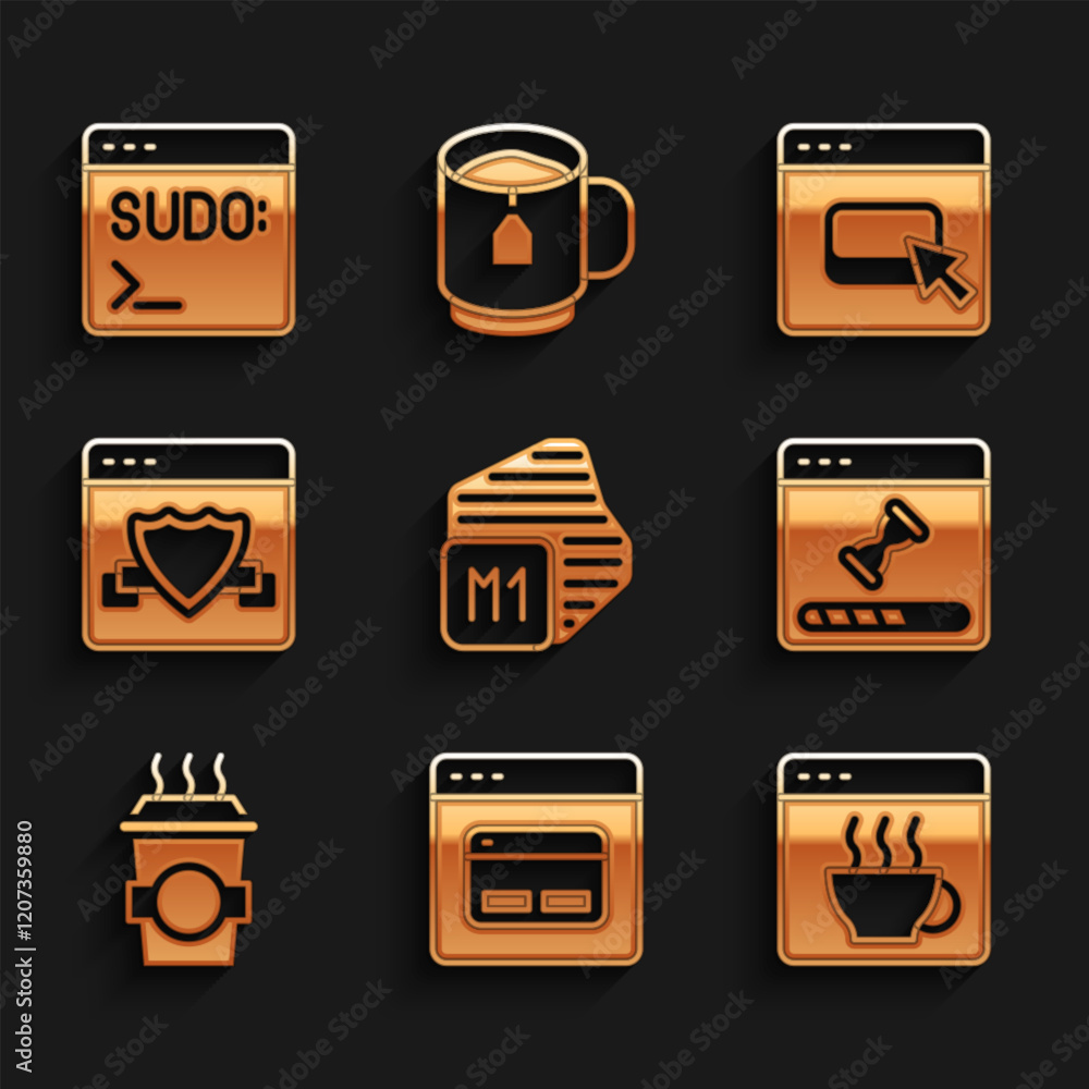 Poster set processor, search engine, software, loading data window, coffee cup to go, browser with shield, 