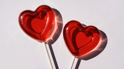Two heart-shaped lollipops: A simple yet striking photo of two heart-shaped lollipops with a glossy red finish, placed against a clean white background