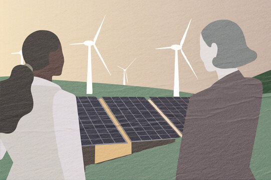 Renewable energy farm with solar panels and wind turbines