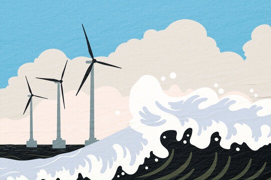 Wind turbines harnessing energy from ocean waves