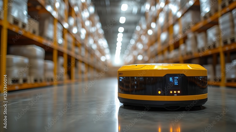 Poster automated robot performing predictive maintenance in a warehouse during daylight hours