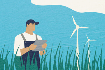 A farmer evaluates renewable energy resources on a wind farm