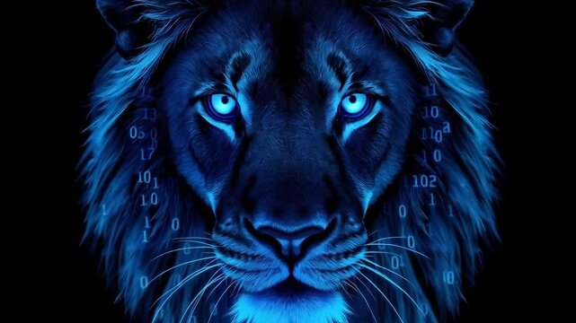 Insurance concept of powerful lion with blue digital security code