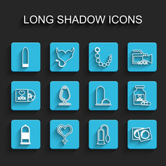 Set line Condom safe sex, Female gender and heart, Dildo vibrator, Penis pump, Condoms in package, Anal plug, Bottle with pills for potency and icon. Vector