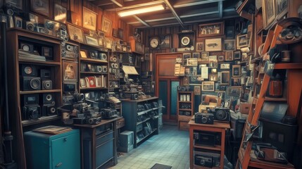 Vintage-style poster of a vintage camera shop with film rolls, old cameras, and nostalgic colors