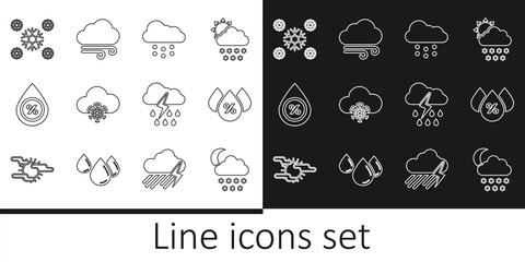 Set line Cloud with snow and moon, Water drop percentage, Snow, rain lightning and Windy weather icon. Vector