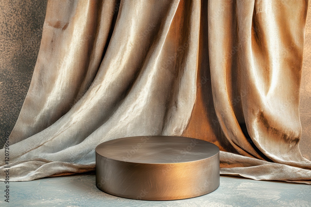 Poster glossy metallic podium set against a draped fabric backdrop, the interplay of textures creating a so