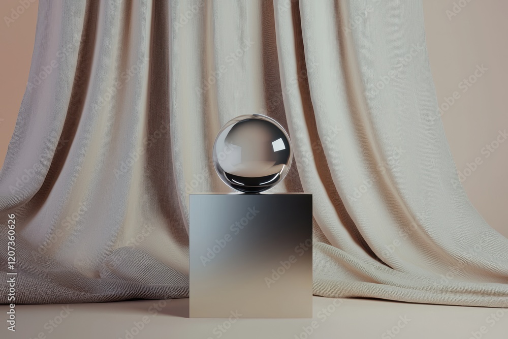 Poster glossy metallic podium set against a draped fabric backdrop, the interplay of textures creating a so